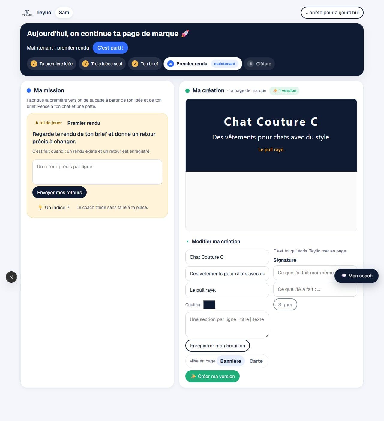 Capture de l'atelier Teylio : mission en cours et jeu « Labyrinthe Express » en première version