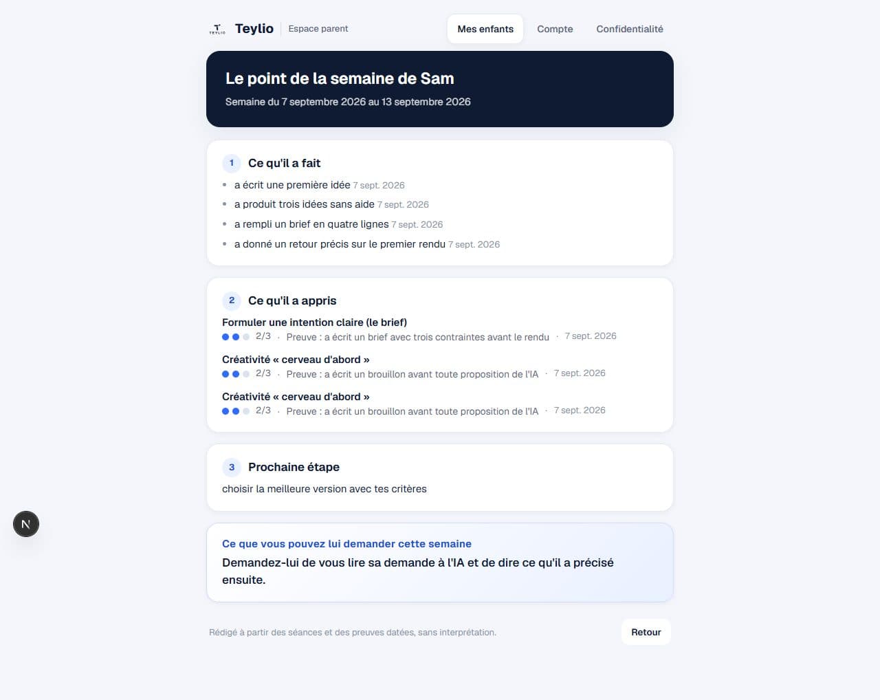Capture d'un rapport hebdomadaire Teylio : ce qu'il a fait, ce qu'il a appris, prochaine étape, question à poser